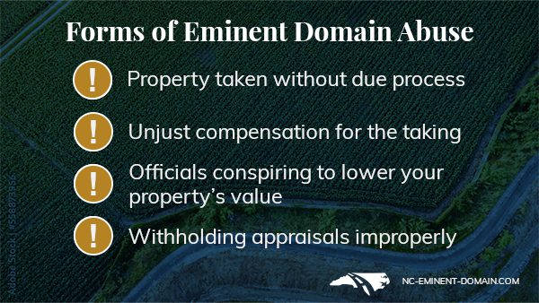 4 forms of eminent domain abuse including property taken without due process, unjust compensation for the taking, officals conspiring to lower your property's value and withholding appraisals improperly.