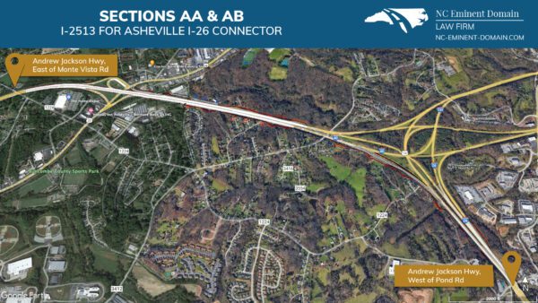 Project map of section AA & AB of I-2513 for Asheville I-26 connector, NC. 