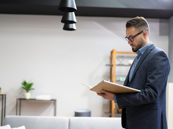 House inspector with a clipboard taking notes in a nice home.