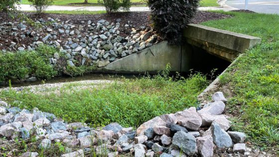 Stone stormwater culvert lined with rocks in a suburban neighborhood.