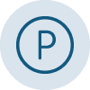 Blue icon of a letter P for Parking in a circle.