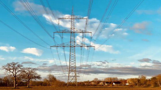 Power lines and tower against a blue sky crossing over a field with houses.